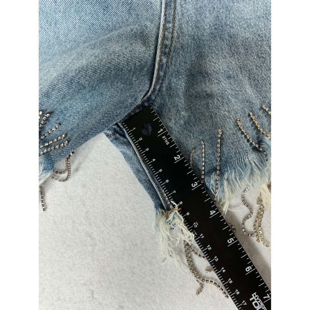 Hen‎ & Hay Diamond Glitz Distressed Rhinestone Fringe Denim Shorts Light Wash XL - Picture 9 of 9